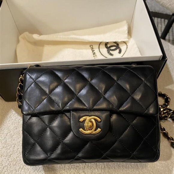 Chanel Lambskin Mini Square 24K Gold Plated Black Gold Hardware Box Dustbag - Picture 1 of 10